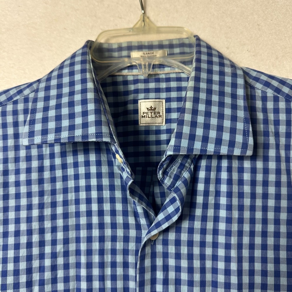 Peter Millar Men's Large L Blue White Check Long Sleeve Button Down Shirt Oxford